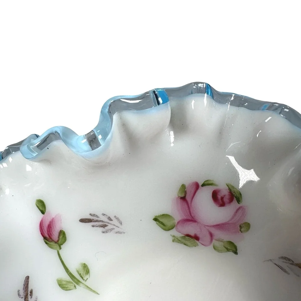 Fenton Aqua Crest Milk Glass Ruffled Trinket Dish Hand Painted Pink Roses White